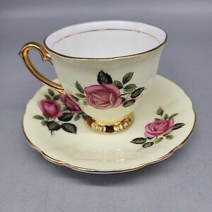 Vintage Clarence Bone China Pink Roses/Yellow/Gold Trim Cup & Saucer-England